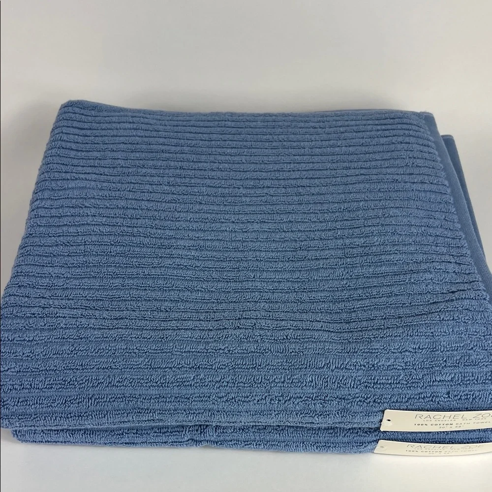 2 Pc Rachel Zoe Bath Towels Oversized Blue Ribbed Soft 100% Cotton NEW